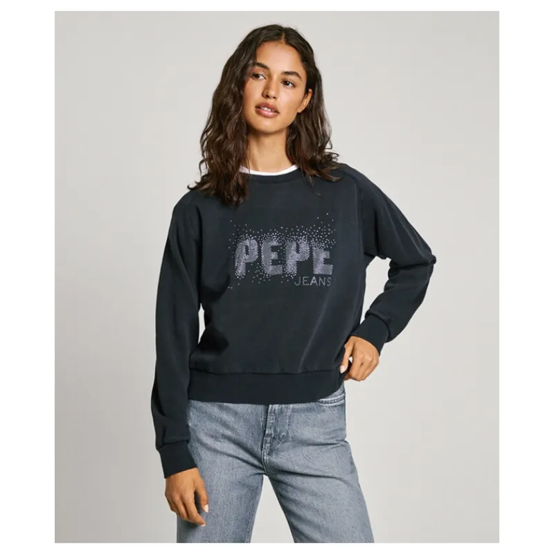 FELPA GIROCOLLO CON LOGO STRASS PEPE JEANS- Felpe