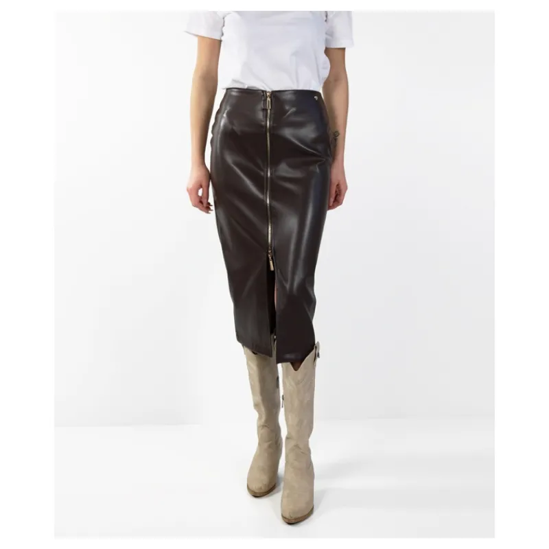LONGUETTE CON ZIP IN ECOPELLE HOZONE- Gonne