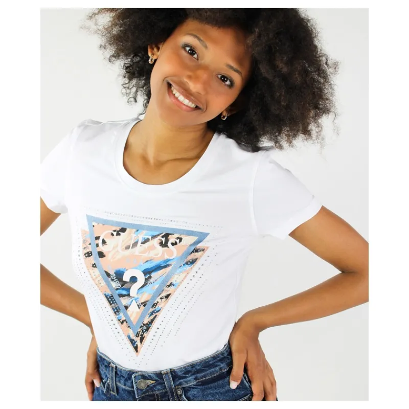T-SHIRT CON LOGO MULTICOLOR E STRASS GUESS- T-shirt & Top